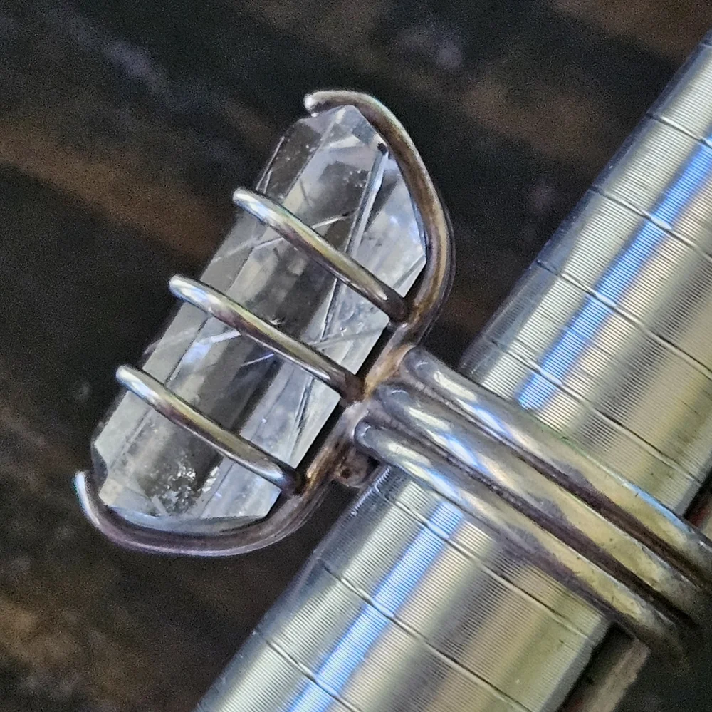 Vintage Huge Rutilated White Quartz Sterling Silver Ring - Picture 2 of 14